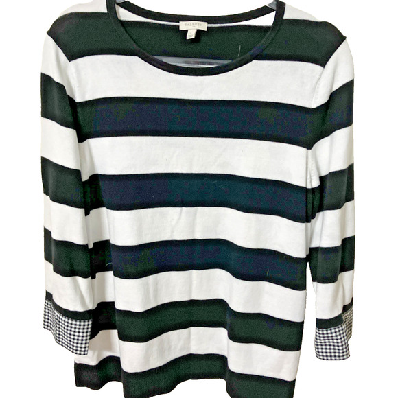 Talbots Women's Pullover Sweater Size Large Striped 3/4 Sleeves Gingham Cuffs - Picture 1 of 8